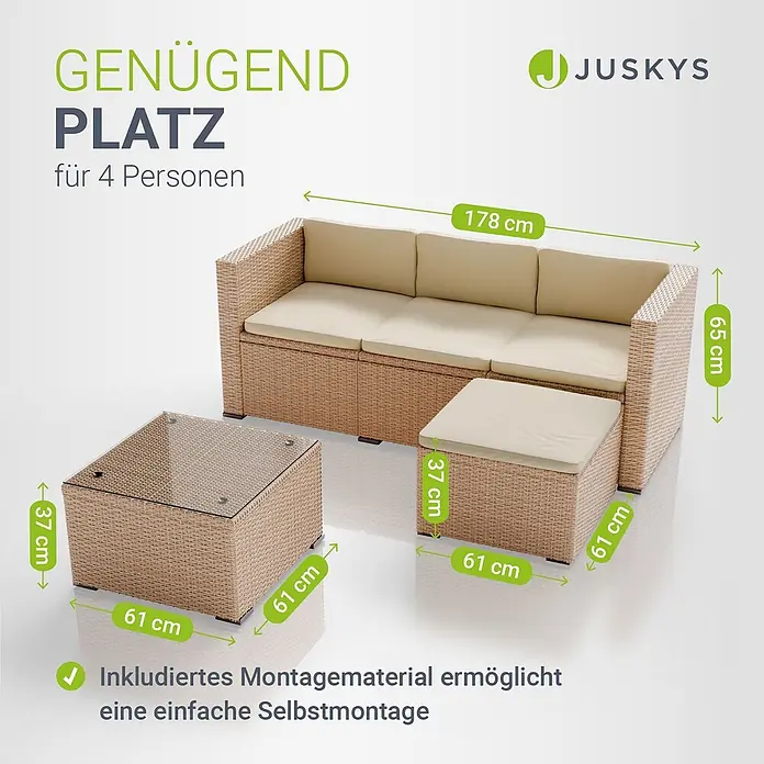 Juskys Loungemöbel-Set Punta Cana - 3 -tlg., Gestell: Stahl, pulverbeschichtet; Geflecht: Polyrattan; Sitz- und Rückenkissen: Polyester, Schaumstoff; Glasplatte: Sicherheitsglas, Creme - Hellbraune Rattan-Lounge-Gruppe mit beigen Kissen: 3er-Sofa, Couchtisch und Hocker für 4 Personen. Einfache Selbstmontage.