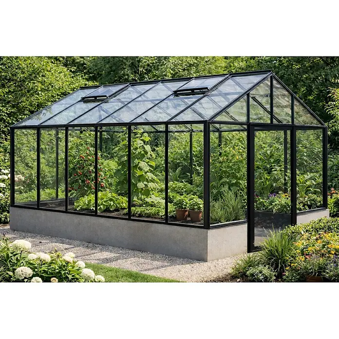Bloomcabin Gewächshaus Aluminium für die Wandbasis - Außenmaß inkl. Dachüberstand (B x T): 235 x 459 cm, Material Seitenwand: Glas, 4 mm, Schwarz - Großes Gewächshaus mit schwarzem Rahmen, Glasscheiben und grauem Betonsockel, gefüllt mit Pflanzen im Garten.