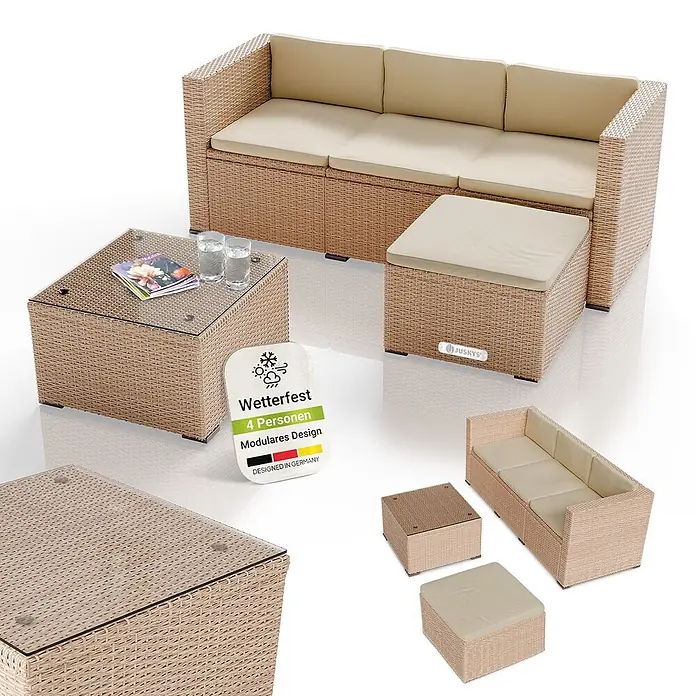 Juskys Loungemöbel-Set Punta Cana - 3 -tlg., Gestell: Stahl, pulverbeschichtet; Geflecht: Polyrattan; Sitz- und Rückenkissen: Polyester, Schaumstoff; Glasplatte: Sicherheitsglas, Creme - Modulare Rattan-Gartenlounge für 4 Personen, mit beigen Polstern und Glastischen.