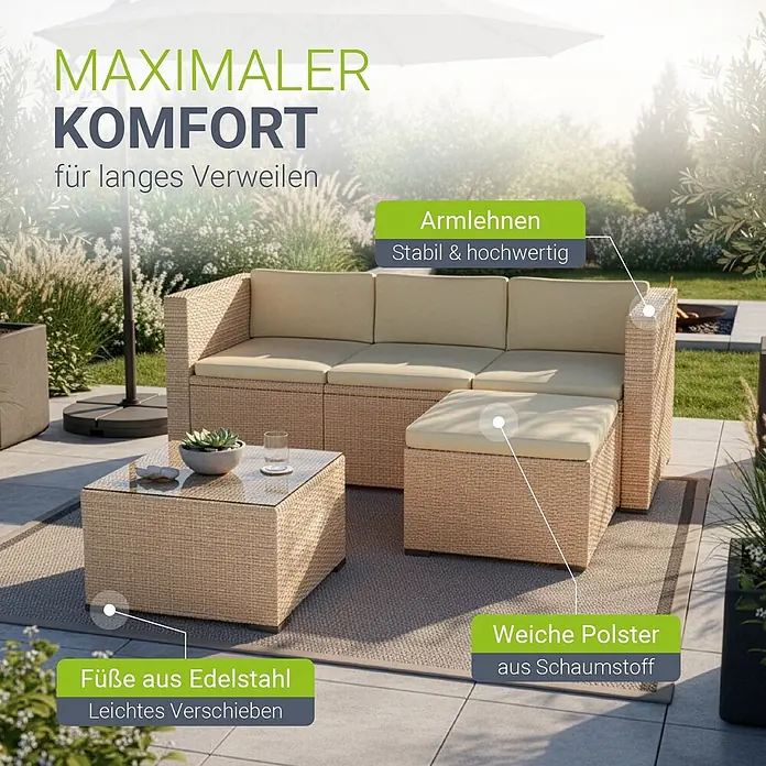 Juskys Loungemöbel-Set Punta Cana - 3 -tlg., Gestell: Stahl, pulverbeschichtet; Geflecht: Polyrattan; Sitz- und Rückenkissen: Polyester, Schaumstoff; Glasplatte: Sicherheitsglas, Creme - Beiges Outdoor-Sofa-Set aus Rattan-Optik mit Couchtisch und Hocker auf einer Terrasse.