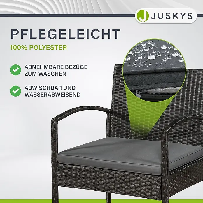 Juskys Loungemöbel-Set Trinidad - 4 -tlg., Geflecht: Polyrattan, geflochten; Gestell: Stahl, pulverbeschichtet; Auflagen: 100 % Schaumstoff; Sitzbezüge: 100 % Polyester; Glasplatte: Sicherheitsglas, Farbe Gartengarnitur: SchwarzFarbe Bezug: DunkelgrauAnzahl Sitzplätze: Für 4 Personen, Schwarz - Dunkelbrauner Polyrattan-Sessel mit abnehmbaren, wasserabweisenden grauen Polyester-Sitzkissen.