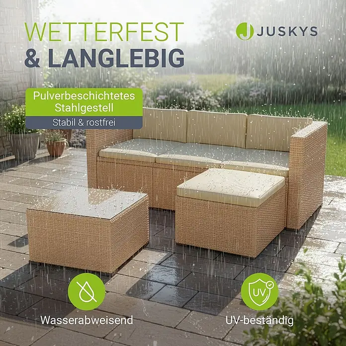 Juskys Loungemöbel-Set Punta Cana - 3 -tlg., Gestell: Stahl, pulverbeschichtet; Geflecht: Polyrattan; Sitz- und Rückenkissen: Polyester, Schaumstoff; Glasplatte: Sicherheitsglas, Creme - Wetterfestes Lounge-Set aus Polyrattan mit beigen Kissen, im Regen gezeigt.