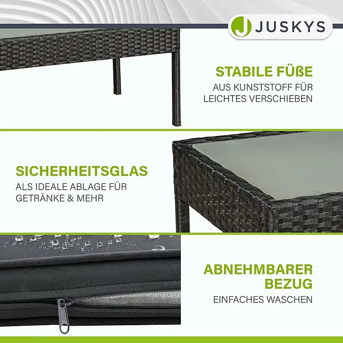 Juskys Loungemöbel-Set Trinidad - 4 -tlg., Geflecht: Polyrattan, geflochten; Gestell: Stahl, pulverbeschichtet; Auflagen: 100 % Schaumstoff; Sitzbezüge: 100 % Polyester; Glasplatte: Sicherheitsglas, Farbe Gartengarnitur: SchwarzFarbe Bezug: DunkelgrauAnzahl Sitzplätze: Für 4 Personen, Schwarz - Dunkelbrauner Rattantisch mit Sicherheitsglasplatte und grauem Kissen mit abnehmbarem, wasserabweisendem Bezug und Kunststofffüßen.