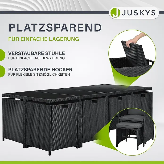Juskys Loungemöbel-Set Baracoa - 13 -tlg., Kissen: Schaumstoff, Stoff; Geflecht: Polyrattan; Untergestell: Stahl; Tischplatte: Glas, Anzahl Personen: 12Farbe Polyrattan: SchwarzFarbe Stoff: DunkelgrauFarbe Glas: Schwarz getöntKissenbezüge: abnehmbar & waschbar, Schwarz - Platzsparendes schwarzes Rattan-Gartenset mit versteckbaren Stühlen und Hockern unter dem Tisch.