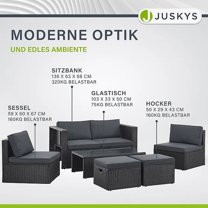 Juskys Loungemöbel-Set Salou - 7 -tlg., Möbel: Polyrattan, Stahl (pulverbeschichtet); Tischplatte: Gehärtetes Glas; Bezug: 100% Polyestergewebe 180 g/m131; Abdeckung: 420D Oxford-Gewebe (100 g/m²), PU-Beschichtung, Schwarz - Eine graue Rattan-Gartenmöbelgarnitur mit Sofa, zwei Sesseln, Couchtisch mit Glasplatte und zwei Hockern, alle mit dunkelgrauen Kissen.