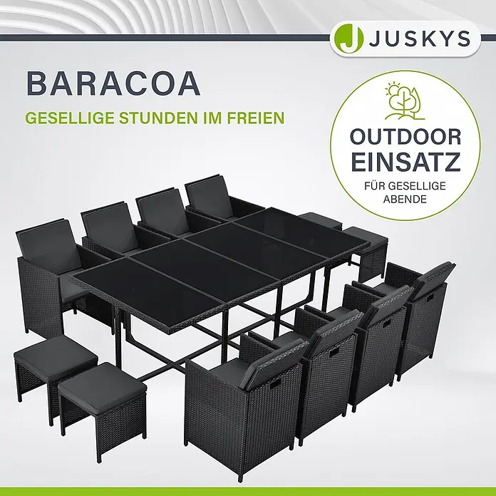 Juskys Loungemöbel-Set Baracoa - 13 -tlg., Kissen: Schaumstoff, Stoff; Geflecht: Polyrattan; Untergestell: Stahl; Tischplatte: Glas, Anzahl Personen: 12Farbe Polyrattan: SchwarzFarbe Stoff: DunkelgrauFarbe Glas: Schwarz getöntKissenbezüge: abnehmbar & waschbar, Schwarz - Schwarze Outdoor-Essgruppe aus Geflecht mit Glastisch, 8 Stühlen und 4 Hockern.