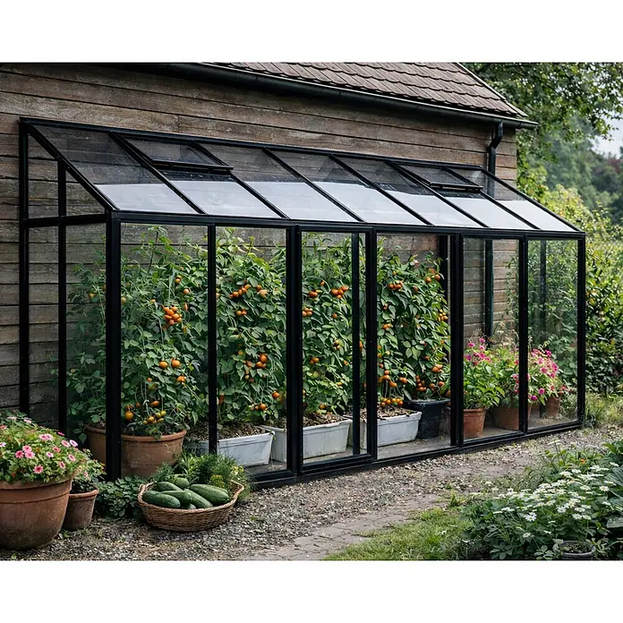 Bloomcabin Gewächshaus Aluminium Wandgewächshaus - Außenmaß inkl. Dachüberstand (B x T): 533 x 160 cm, Höhe: 251 cm, Material Seitenwand: Glas, 4 mm, Schwarz - Elegantes schwarzes Anlehngewächshaus an Holzhaus, gefüllt mit Pflanzen wie Tomaten.