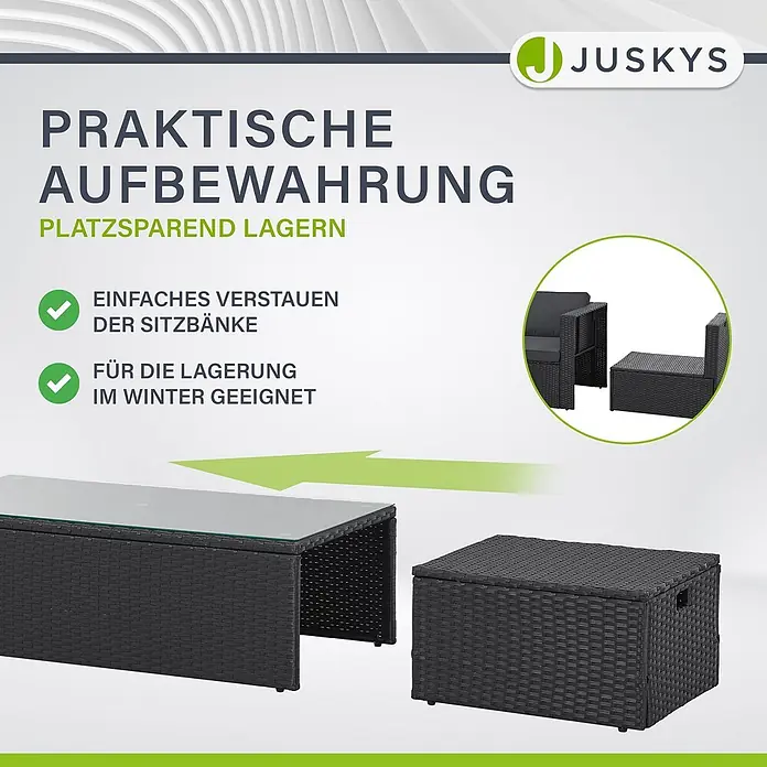 Juskys Loungemöbel-Set Salou - 7 -tlg., Möbel: Polyrattan, Stahl (pulverbeschichtet); Tischplatte: Gehärtetes Glas; Bezug: 100% Polyestergewebe 180 g/m131; Abdeckung: 420D Oxford-Gewebe (100 g/m²), PU-Beschichtung, Schwarz - Schwarze Rattan-Optik Gartenmöbel-Set mit praktischem, platzsparendem Stauraum.