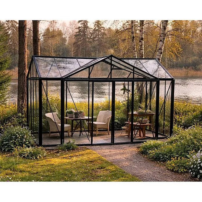 Bloomcabin Gewächshaus T-Modell Orangerie - Außenmaß inkl. Dachüberstand (B x T): 385 x 459 cm, Material Seitenwand: Glas, 4 mm, Schwarz - Schwarz umrandetes Glasgewächshaus mit Spitzdach, als Gartenraum an einem See eingerichtet.
