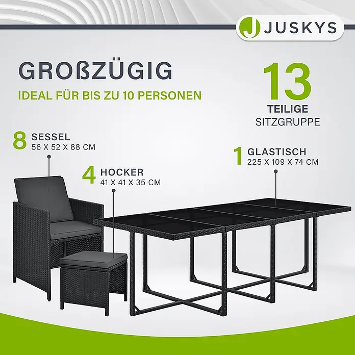 Juskys Loungemöbel-Set Baracoa - 13 -tlg., Kissen: Schaumstoff, Stoff; Geflecht: Polyrattan; Untergestell: Stahl; Tischplatte: Glas, Anzahl Personen: 12Farbe Polyrattan: SchwarzFarbe Stoff: DunkelgrauFarbe Glas: Schwarz getöntKissenbezüge: abnehmbar & waschbar, Schwarz - Dunkelgraue 13-teilige Gartengarnitur im Rattan-Stil mit 8 Stühlen, 4 Hockern und großem Glastisch für bis zu 10 Personen.