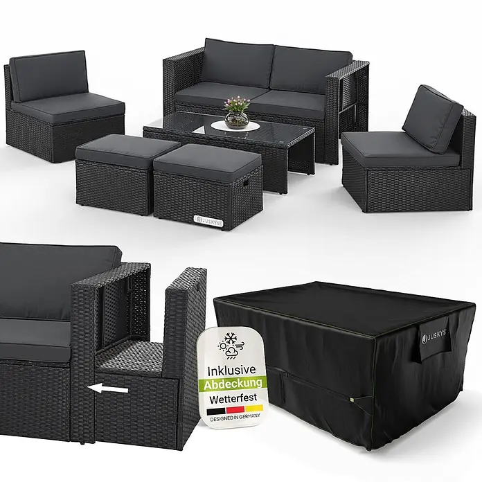 Juskys Loungemöbel-Set Salou - 7 -tlg., Möbel: Polyrattan, Stahl (pulverbeschichtet); Tischplatte: Gehärtetes Glas; Bezug: 100% Polyestergewebe 180 g/m131; Abdeckung: 420D Oxford-Gewebe (100 g/m²), PU-Beschichtung, Schwarz - Modulares Loungeset aus dunkelgrauem Polyrattan mit Kissen, Couchtisch, zwei Hockern und Schutzhülle.