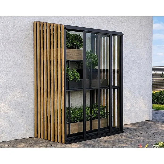 Bloomcabin Gewächshaus Aluminium Mini mit Accoya-Fusion - Außenmaß inkl. Dachüberstand (B x T): 120 x 66 cm, Material Seitenwand: Glas, 4 mm, Schwarz - Moderner vertikaler Garten für den Außenbereich mit schwarzem Metallrahmen, Holzlamellen, Glaspaneelen und Grünpflanzen.