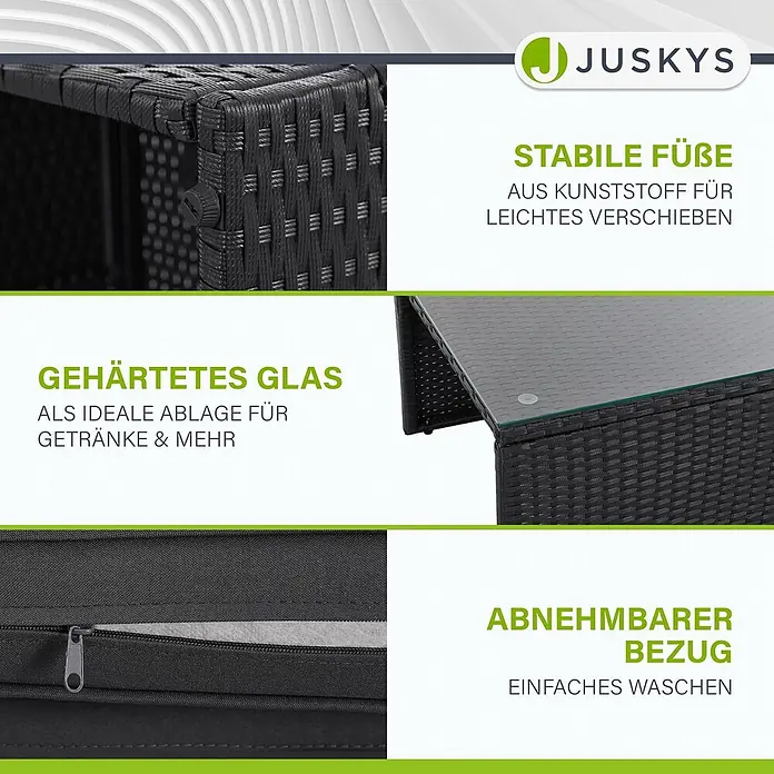 Juskys Loungemöbel-Set Salou - 7 -tlg., Möbel: Polyrattan, Stahl (pulverbeschichtet); Tischplatte: Gehärtetes Glas; Bezug: 100% Polyestergewebe 180 g/m131; Abdeckung: 420D Oxford-Gewebe (100 g/m²), PU-Beschichtung, Schwarz - Dunkles Rattanmöbel mit Kunststofffüßen, gehärteter Glasplatte und Kissen mit abnehmbarem Bezug zum einfachen Waschen.