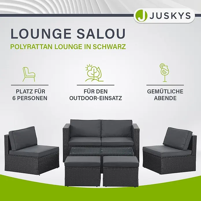 Juskys Loungemöbel-Set Salou - 7 -tlg., Möbel: Polyrattan, Stahl (pulverbeschichtet); Tischplatte: Gehärtetes Glas; Bezug: 100% Polyestergewebe 180 g/m131; Abdeckung: 420D Oxford-Gewebe (100 g/m²), PU-Beschichtung, Schwarz - Schwarze Polyrattan Loungegarnitur für 6 Personen mit Sofa, 2 Sesseln, 2 Hockern und Glastisch, für den Außenbereich.