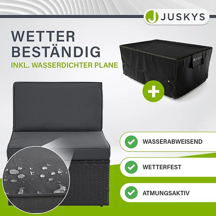 Juskys Loungemöbel-Set Salou - 7 -tlg., Möbel: Polyrattan, Stahl (pulverbeschichtet); Tischplatte: Gehärtetes Glas; Bezug: 100% Polyestergewebe 180 g/m131; Abdeckung: 420D Oxford-Gewebe (100 g/m²), PU-Beschichtung, Schwarz - Wetterbeständiges Gartenmöbel mit dunklen Polstern und einer schwarzen Schutzhülle.