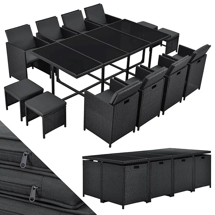 Juskys Loungemöbel-Set Baracoa - 13 -tlg., Kissen: Schaumstoff, Stoff; Geflecht: Polyrattan; Untergestell: Stahl; Tischplatte: Glas, Anzahl Personen: 12Farbe Polyrattan: SchwarzFarbe Stoff: DunkelgrauFarbe Glas: Schwarz getöntKissenbezüge: abnehmbar & waschbar, Schwarz - Schwarze Rattan-Gartengarnitur mit Glasplatte, 8 Stühlen und 4 Hockern, platzsparend verstaubar.