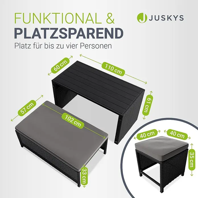 Juskys Loungemöbel-Set Jamaika - 4 -tlg., Geflecht / Gestell: Polyrattan / Stahl; Bezug: 180 g/m² Polyester; Tischplatte: Polywood, Schwarz - Dunkle Rattan-Gartenmöbel (Tisch, Bank, Hocker) mit grauen Kissen, platzsparend für bis zu vier Personen.
