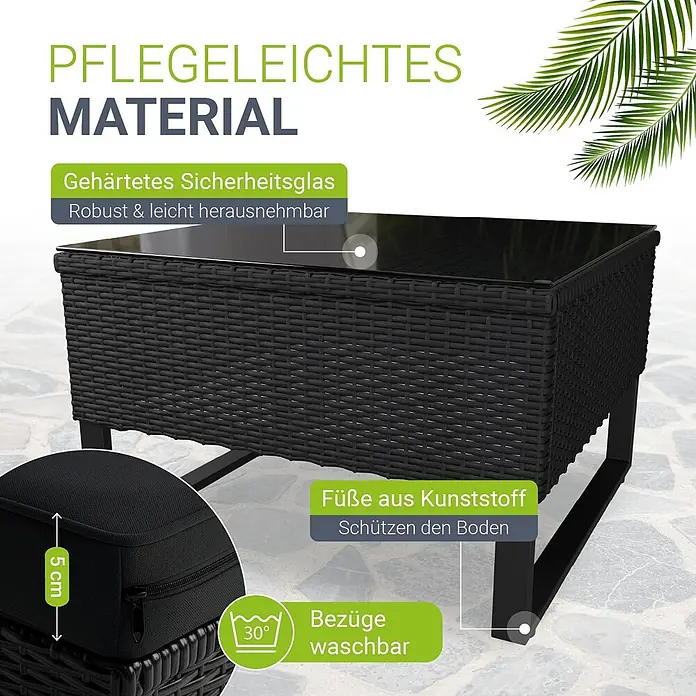 Juskys Loungemöbel-Set Santorini - 5 -tlg., Möbel: Stahl (pulverbeschichtet), Polyrattan, gehärtetes Glas; Polster/Kissen: 100 % Polyestergewebe; Abdeckung: 420D Oxford-Gewebe (100 g/m²), PU-Beschichtung, Schwarz - Schwarzer Gartentisch in Rattan-Optik mit Sicherheitsglasplatte, Kunststofffüßen und waschbaren Kissenbezügen.