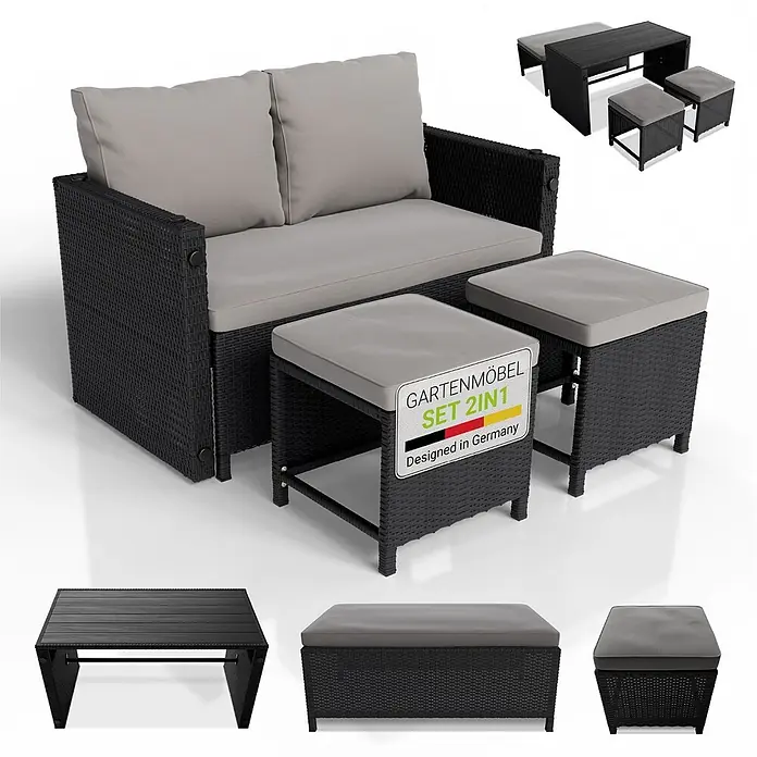 Juskys Loungemöbel-Set Jamaika - 4 -tlg., Geflecht / Gestell: Polyrattan / Stahl; Bezug: 180 g/m² Polyester; Tischplatte: Polywood, Schwarz - Schwarzes Rattan-Gartenmöbel-Set mit hellgrauen Kissen, bestehend aus einem 2-Sitzer-Sofa, 2 Hockern und einem rechteckigen Tisch. Modular.