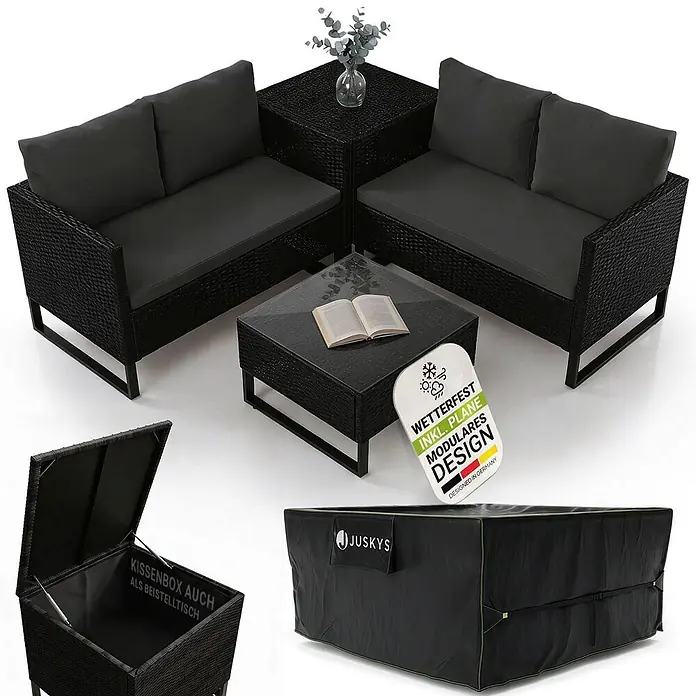 Juskys Loungemöbel-Set Santorini - 5 -tlg., Möbel: Stahl (pulverbeschichtet), Polyrattan, gehärtetes Glas; Polster/Kissen: 100 % Polyestergewebe; Abdeckung: 420D Oxford-Gewebe (100 g/m²), PU-Beschichtung, Schwarz - Modulare schwarze Rattan-Loungeset für draußen mit dunkelgrauen Kissen, Couchtisch und einer Aufbewahrungsbox, die auch als Beistelltisch dient. Inkl. Schutzhülle.