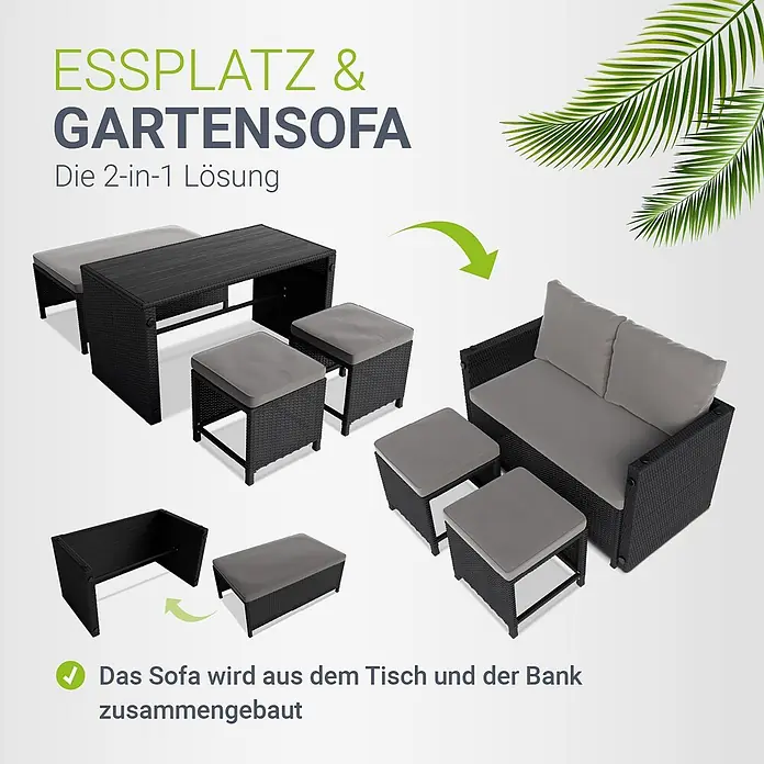 Juskys Loungemöbel-Set Jamaika - 4 -tlg., Geflecht / Gestell: Polyrattan / Stahl; Bezug: 180 g/m² Polyester; Tischplatte: Polywood, Schwarz - Schwarzes Rattan 2-in-1 Gartenmöbelset mit grauen Polstern, wandelbar zwischen Essplatz und Sofagarnitur.