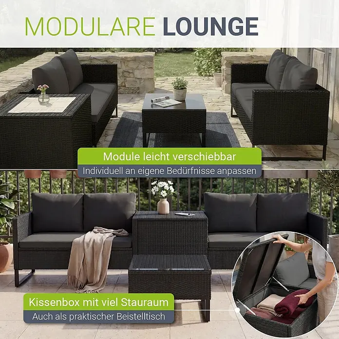 Juskys Loungemöbel-Set Santorini - 5 -tlg., Möbel: Stahl (pulverbeschichtet), Polyrattan, gehärtetes Glas; Polster/Kissen: 100 % Polyestergewebe; Abdeckung: 420D Oxford-Gewebe (100 g/m²), PU-Beschichtung, Schwarz - Dunkle Rattan-Lounge-Garnitur mit grauen Kissen, modular für den Außenbereich, inklusive Aufbewahrungsbox.