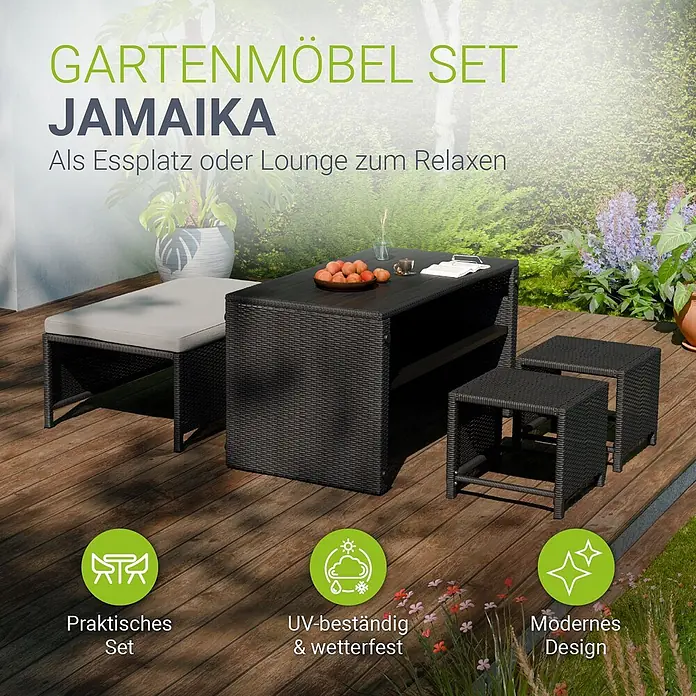 Juskys Loungemöbel-Set Jamaika - 4 -tlg., Geflecht / Gestell: Polyrattan / Stahl; Bezug: 180 g/m² Polyester; Tischplatte: Polywood, Schwarz - Dunkle Rattan-Gartensitzgruppe mit Tisch, Bank und zwei Hockern auf Holzterrasse.
