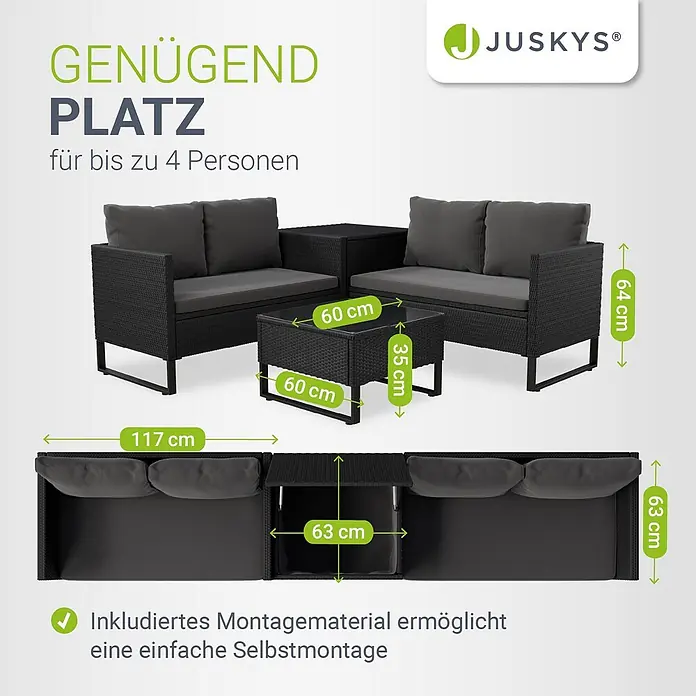 Juskys Loungemöbel-Set Santorini - 5 -tlg., Möbel: Stahl (pulverbeschichtet), Polyrattan, gehärtetes Glas; Polster/Kissen: 100 % Polyestergewebe; Abdeckung: 420D Oxford-Gewebe (100 g/m²), PU-Beschichtung, Schwarz - Schwarzes Garten-Lounge-Set im Rattan-Look mit grauen Kissen, zwei Sesseln, Sofa, Couchtisch und Maßen.