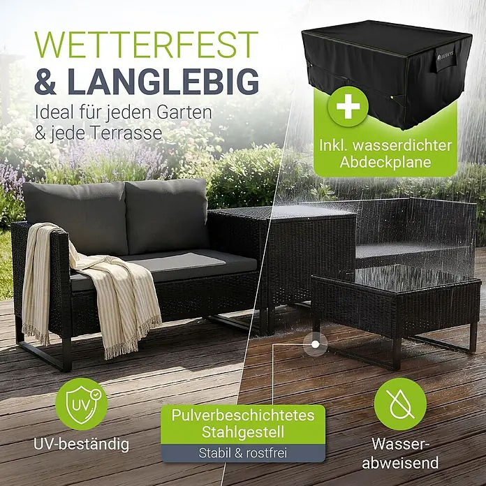 Juskys Loungemöbel-Set Santorini - 5 -tlg., Möbel: Stahl (pulverbeschichtet), Polyrattan, gehärtetes Glas; Polster/Kissen: 100 % Polyestergewebe; Abdeckung: 420D Oxford-Gewebe (100 g/m²), PU-Beschichtung, Schwarz - Wetterfeste Gartenmöbelgarnitur aus schwarzem Rattan mit grauen Kissen, UV-beständig und wasserabweisend, inklusive wasserdichter Abdeckplane.