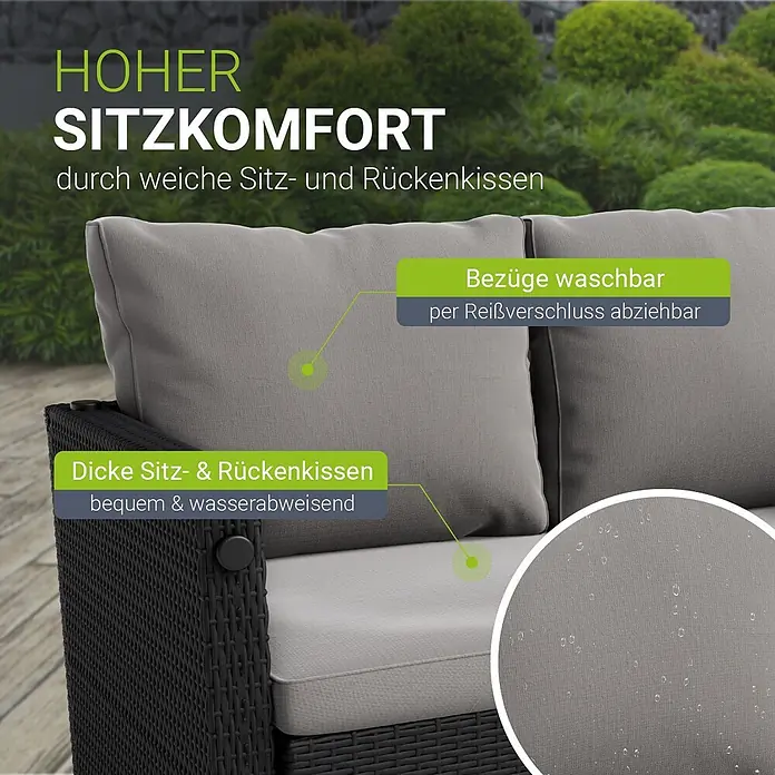 Juskys Loungemöbel-Set Jamaika - 4 -tlg., Geflecht / Gestell: Polyrattan / Stahl; Bezug: 180 g/m² Polyester; Tischplatte: Polywood, Schwarz - Graues Outdoor-Sofa mit dicken, wasserabweisenden Polstern im Garten. Bezüge sind abnehmbar und waschbar.