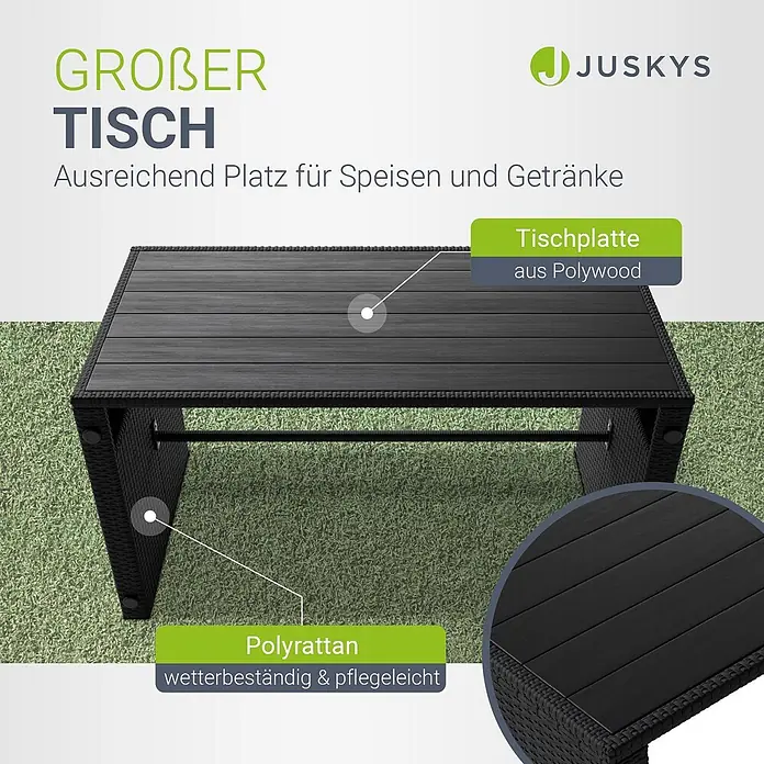 Juskys Loungemöbel-Set Jamaika - 4 -tlg., Geflecht / Gestell: Polyrattan / Stahl; Bezug: 180 g/m² Polyester; Tischplatte: Polywood, Schwarz - Großer, schwarzer Polyrattan-Gartentisch mit wetterbeständiger Polywood-Tischplatte.