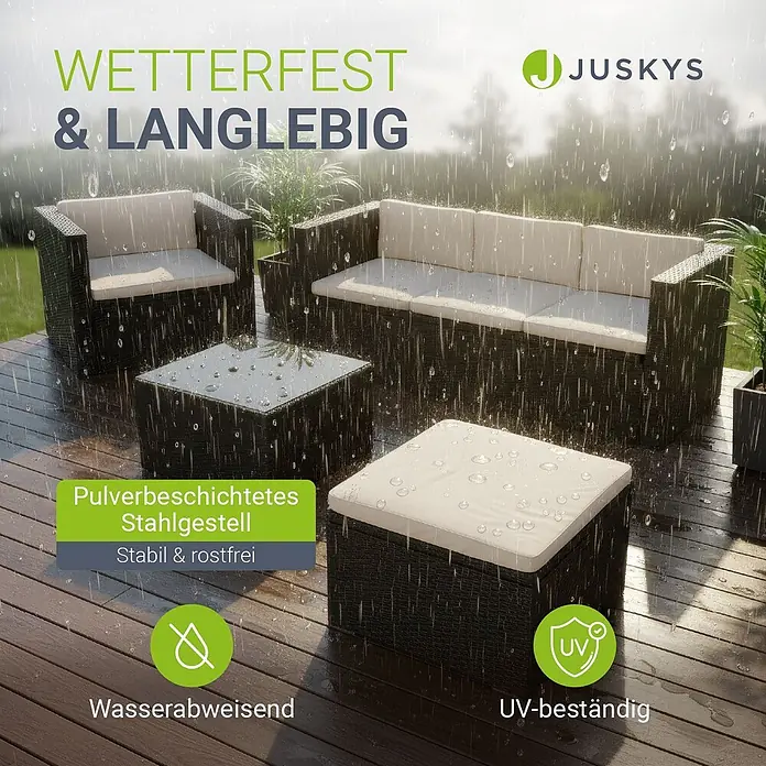 Juskys Loungemöbel-Set Punta Cana - 4 -tlg., Gestell: Stahl, pulverbeschichtet; Geflecht: Polyrattan; Sitz- und Rückenkissen: Polyester, Schaumstoff; Glasplatte: Sicherheitsglas, Farbe Geflecht: SchwarzFarbe der Bezüge: CremeAnzahl Sitzplätze: 4 - 5, Schwarz - Dunkles Rattan-Loungeset mit hellen Kissen im Regen, betont wetterfest und langlebig.