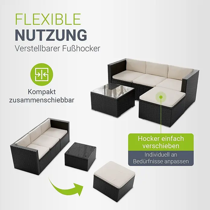 Juskys Loungemöbel-Set Punta Cana - 3 -tlg., Gestell: Stahl, pulverbeschichtet; Geflecht: Polyrattan; Sitz- und Rückenkissen: Polyester, Schaumstoff; Glasplatte: Sicherheitsglas, Farbe Geflecht: SchwarzFarbe der Bezüge: CremeAnzahl Sitzplätze: 3 - 4, Schwarz|Creme - Schwarze Rattan Loungegarnitur mit beigen Kissen und verstellbarem Fußhocker für flexible Anordnung und kompakte Nutzung.