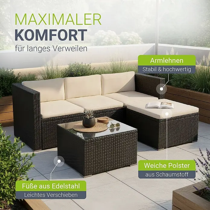 Juskys Loungemöbel-Set Punta Cana - 3 -tlg., Gestell: Stahl, pulverbeschichtet; Geflecht: Polyrattan; Sitz- und Rückenkissen: Polyester, Schaumstoff; Glasplatte: Sicherheitsglas, Farbe Geflecht: SchwarzFarbe der Bezüge: CremeAnzahl Sitzplätze: 3 - 4, Schwarz|Creme - Dunkelbraune Rattan-Loungegarnitur mit beigen Kissen und Glastisch auf einer Terrasse.