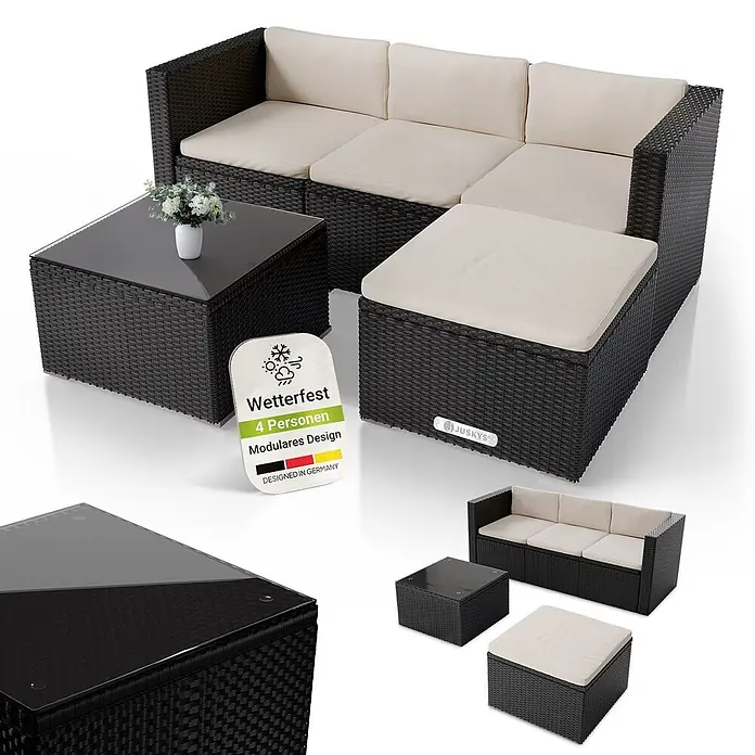 Juskys Loungemöbel-Set Punta Cana - 3 -tlg., Gestell: Stahl, pulverbeschichtet; Geflecht: Polyrattan; Sitz- und Rückenkissen: Polyester, Schaumstoff; Glasplatte: Sicherheitsglas, Farbe Geflecht: SchwarzFarbe der Bezüge: CremeAnzahl Sitzplätze: 3 - 4, Schwarz|Creme - Dunkelbraune modulare Rattan-Loungeset mit cremefarbenen Kissen: Sofa, Couchtisch mit Glasplatte und Hocker.