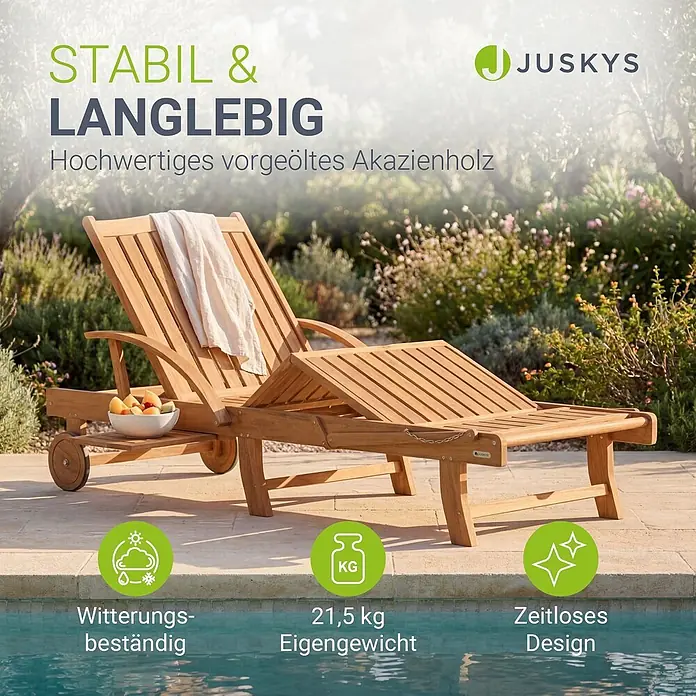 Juskys Gartenliege SunScape - B x T: 72,5 x 196 cm, Natur, Holz, Rollbar - Robuste, langlebige Sonnenliege aus vorgeöltem Akazienholz, mit Rollen und Ablage am Pool.