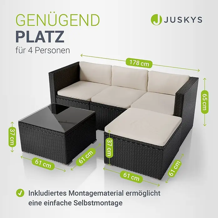 Juskys Loungemöbel-Set Punta Cana - 3 -tlg., Gestell: Stahl, pulverbeschichtet; Geflecht: Polyrattan; Sitz- und Rückenkissen: Polyester, Schaumstoff; Glasplatte: Sicherheitsglas, Farbe Geflecht: SchwarzFarbe der Bezüge: CremeAnzahl Sitzplätze: 3 - 4, Schwarz|Creme - Dunkelbraune Rattan-Gartengarnitur mit Cremepolstern, Couchtisch und Ottoman für 4 Personen.