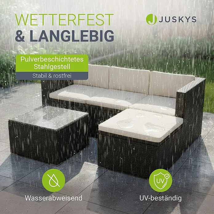 Juskys Loungemöbel-Set Punta Cana - 3 -tlg., Gestell: Stahl, pulverbeschichtet; Geflecht: Polyrattan; Sitz- und Rückenkissen: Polyester, Schaumstoff; Glasplatte: Sicherheitsglas, Farbe Geflecht: SchwarzFarbe der Bezüge: CremeAnzahl Sitzplätze: 3 - 4, Schwarz|Creme - Dunkelbraunes Rattan-Gartenlounge-Set mit hellen Kissen, im Regen gezeigt, wetterfest und langlebig.