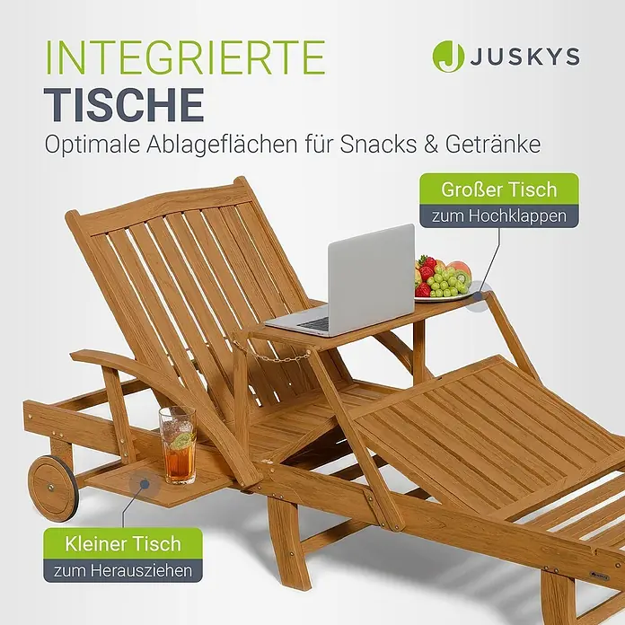 Juskys Gartenliege SunScape - B x T: 72,5 x 196 cm, Natur, Holz, Rollbar - Hölzerne Sonnenliege mit großem hochklappbarem Tisch für Laptop und Obst, sowie kleinem ausziehbarem Tisch für Getränke.