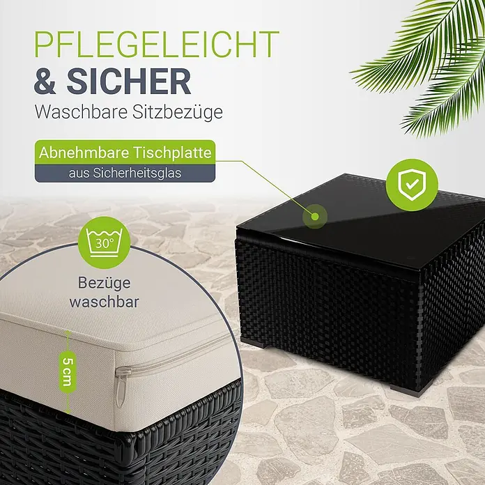 Juskys Loungemöbel-Set Punta Cana - 3 -tlg., Gestell: Stahl, pulverbeschichtet; Geflecht: Polyrattan; Sitz- und Rückenkissen: Polyester, Schaumstoff; Glasplatte: Sicherheitsglas, Farbe Geflecht: SchwarzFarbe der Bezüge: CremeAnzahl Sitzplätze: 3 - 4, Schwarz|Creme - Schwarzer Outdoor-Tisch aus Rattan mit Sicherheitsglasplatte; Detailansicht zeigt 5cm dicke, waschbare Kissenbezüge (30°C).