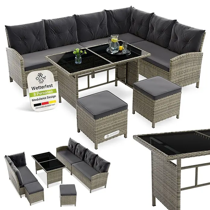 Juskys Loungemöbel-Set Manacor - 4 -tlg., Gestell: Stahl, pulverbeschichtet; Geflecht: Polyrattan; Tischplatten: Sicherheitsglas; Sitzkissen: 100 % Schaumstoff; Bezüge: 100 % Polyester, Farbe Geflecht: Grau-meliertFarbe Bezüge: DunkelgrauStärke Glasplatten: 5 mmAnzahl Sitzkissen: 5Anzahl Rückenkissen: 7Kissenstärke: 5 cmBezüge: 180g/m2, Grau - Modulare graue Rattan-Gartenloungegarnitur mit dunkelgrauen Kissen, Tisch und Hockern.