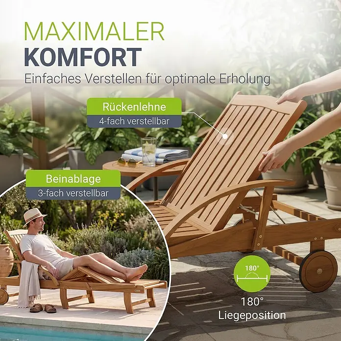 Juskys Gartenliege SunScape - B x T: 72,5 x 196 cm, Natur, Holz, Rollbar - Teakholz-Liegestuhl mit 4-fach verstellbarer Rückenlehne, 3-fach verstellbarer Beinablage und Rollen, flach auf 180° liegend.
