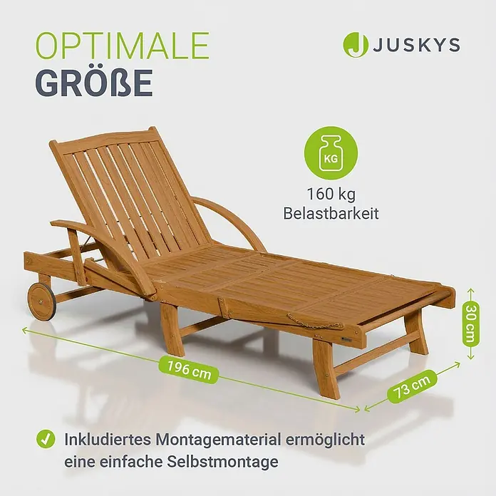 Juskys Gartenliege SunScape - B x T: 72,5 x 196 cm, Natur, Holz, Rollbar - Hölzerne Sonnenliege mit verstellbarer Rückenlehne und Rädern.
