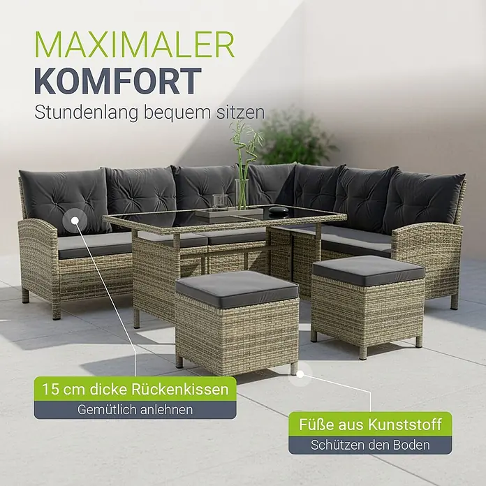 Juskys Loungemöbel-Set Manacor - 4 -tlg., Gestell: Stahl, pulverbeschichtet; Geflecht: Polyrattan; Tischplatten: Sicherheitsglas; Sitzkissen: 100 % Schaumstoff; Bezüge: 100 % Polyester, Farbe Geflecht: Grau-meliertFarbe Bezüge: DunkelgrauStärke Glasplatten: 5 mmAnzahl Sitzkissen: 5Anzahl Rückenkissen: 7Kissenstärke: 5 cmBezüge: 180g/m2, Grau - Gemütliche Outdoor-Lounge-Ecke aus beigem Rattan mit dunkelgrauen Kissen, Glastisch und zwei Hockern, mit schützenden Kunststofffüßen.