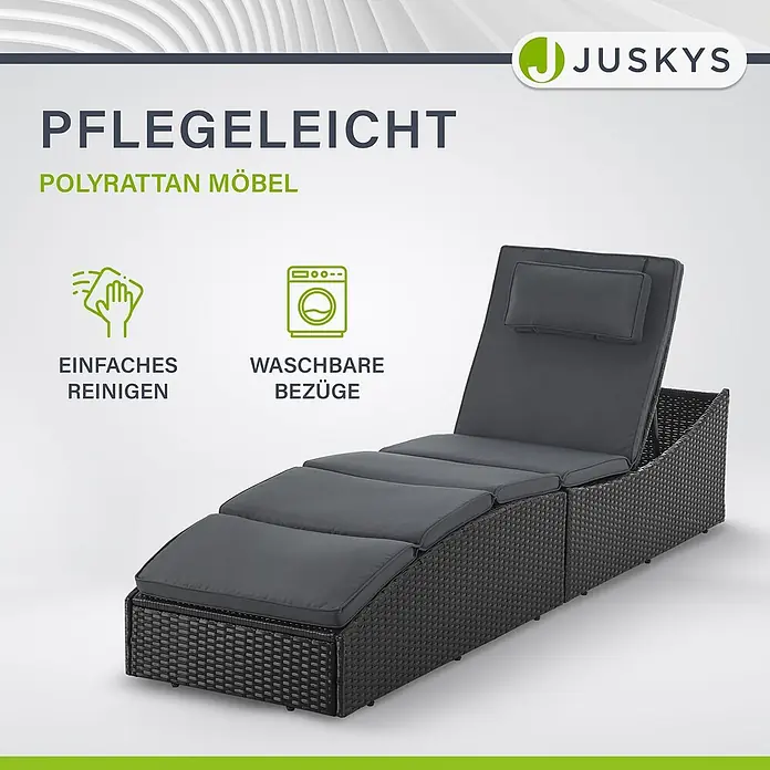 Juskys Gartenliege Lamia - B x T: 60 x 200 cm, Schwarz, Kunststoff, Rückenlehne verstellbar - Dunkelgraue Polyrattan-Liege mit verstellbarer Rückenlehne und Kissen.