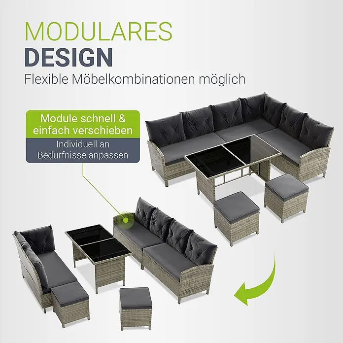 Juskys Loungemöbel-Set Manacor - 4 -tlg., Gestell: Stahl, pulverbeschichtet; Geflecht: Polyrattan; Tischplatten: Sicherheitsglas; Sitzkissen: 100 % Schaumstoff; Bezüge: 100 % Polyester, Farbe Geflecht: Grau-meliertFarbe Bezüge: DunkelgrauStärke Glasplatten: 5 mmAnzahl Sitzkissen: 5Anzahl Rückenkissen: 7Kissenstärke: 5 cmBezüge: 180g/m2, Grau - Modulares Loungeset aus hellgrauem Polyrattan mit dunkelgrauen Kissen, in verschiedenen Anordnungen dargestellt.