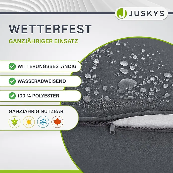 Juskys Gartenliege Lamia - B x T: 60 x 200 cm, Schwarz, Kunststoff, Rückenlehne verstellbar - Dunkelgrauer, wasserabweisender Polyesterstoff mit Wassertropfen, sichtbarem Reißverschluss und Innenfutter, wetterfest für alle Jahreszeiten.