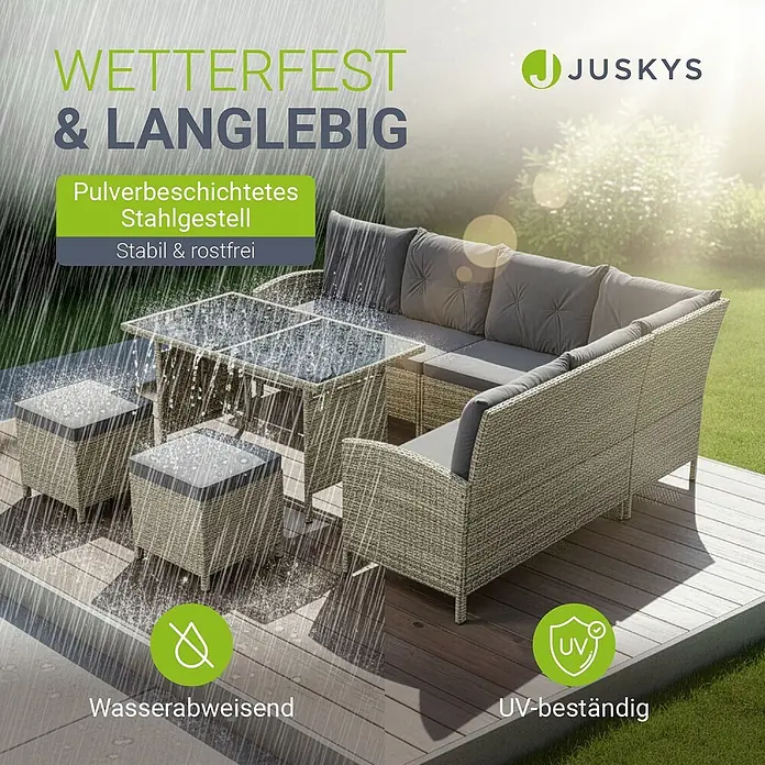 Juskys Loungemöbel-Set Manacor - 4 -tlg., Gestell: Stahl, pulverbeschichtet; Geflecht: Polyrattan; Tischplatten: Sicherheitsglas; Sitzkissen: 100 % Schaumstoff; Bezüge: 100 % Polyester, Farbe Geflecht: Grau-meliertFarbe Bezüge: DunkelgrauStärke Glasplatten: 5 mmAnzahl Sitzkissen: 5Anzahl Rückenkissen: 7Kissenstärke: 5 cmBezüge: 180g/m2, Grau - Wetterfestes beiges Rattan-Loungeset mit dunkelgrauen Kissen, Glastisch und Hockern auf einer Terrasse im Regen.
