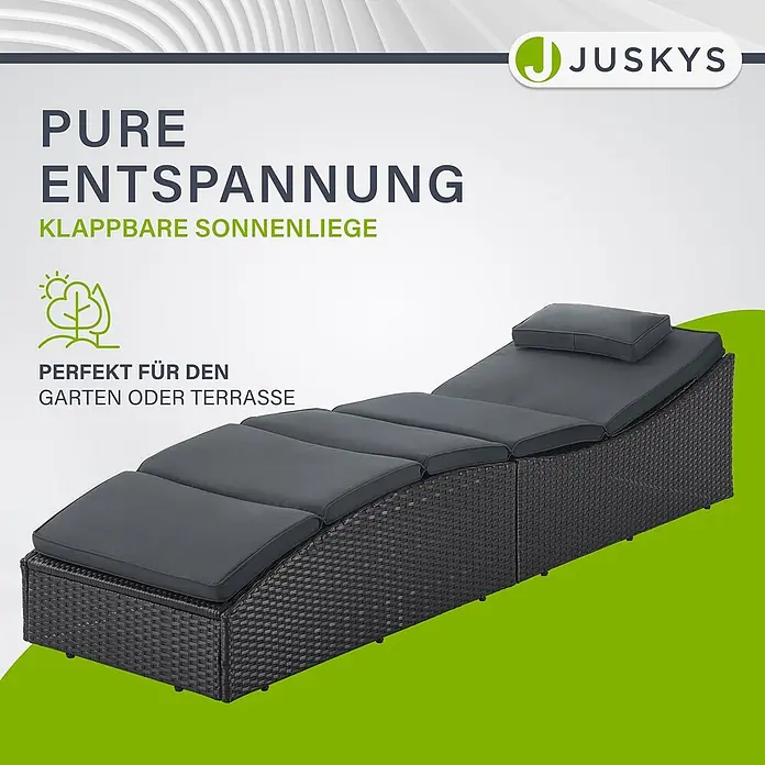 Juskys Gartenliege Lamia - B x T: 60 x 200 cm, Schwarz, Kunststoff, Rückenlehne verstellbar - Schwarze Rattan-Sonnenliege klappbar mit dunkelgrauen Kissen, ideal für Garten oder Terrasse.