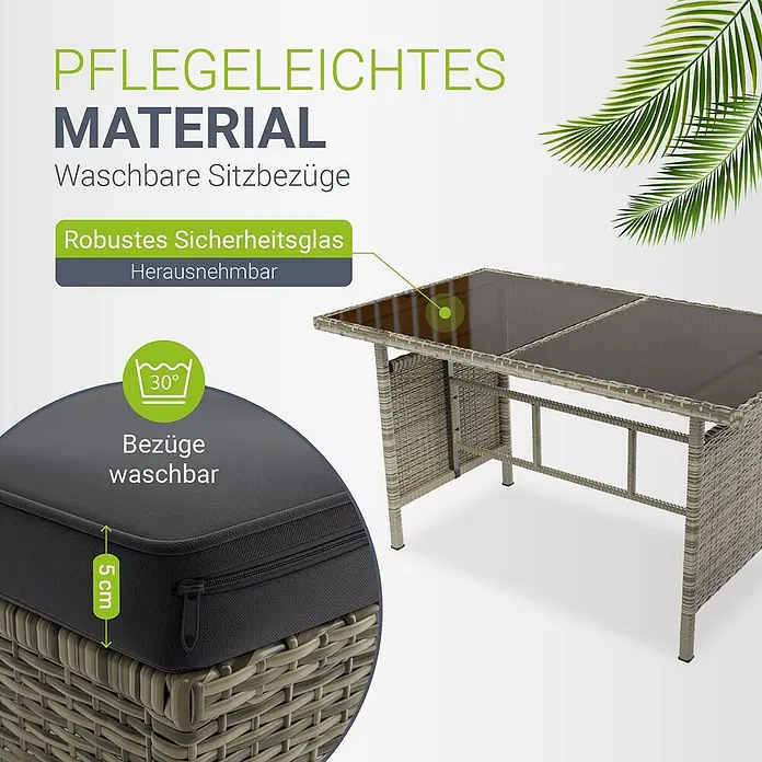 Juskys Loungemöbel-Set Manacor - 4 -tlg., Gestell: Stahl, pulverbeschichtet; Geflecht: Polyrattan; Tischplatten: Sicherheitsglas; Sitzkissen: 100 % Schaumstoff; Bezüge: 100 % Polyester, Farbe Geflecht: Grau-meliertFarbe Bezüge: DunkelgrauStärke Glasplatten: 5 mmAnzahl Sitzkissen: 5Anzahl Rückenkissen: 7Kissenstärke: 5 cmBezüge: 180g/m2, Grau - Hellgrauer Rattan-Gartentisch mit dunkler Glasplatte, gezeigt mit einem dunkelgrauen, 5 cm dicken, waschbaren Kissen. Pflegeleicht und robust.